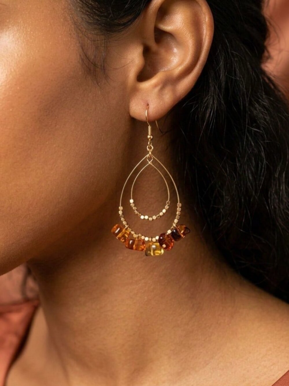 Elegant‎ Gold and brown bead Dangle Earrings with faux sones